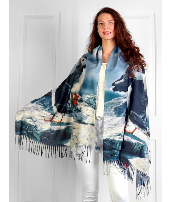 Puffin Oil Painting Scarf W/ Fringes